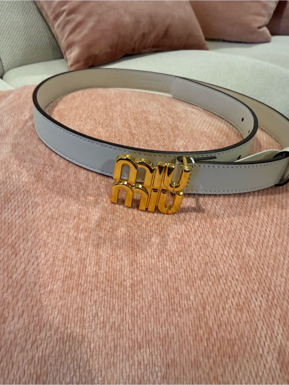 Miu Miu Cream Leather Logo Belt with Gold Tone Details